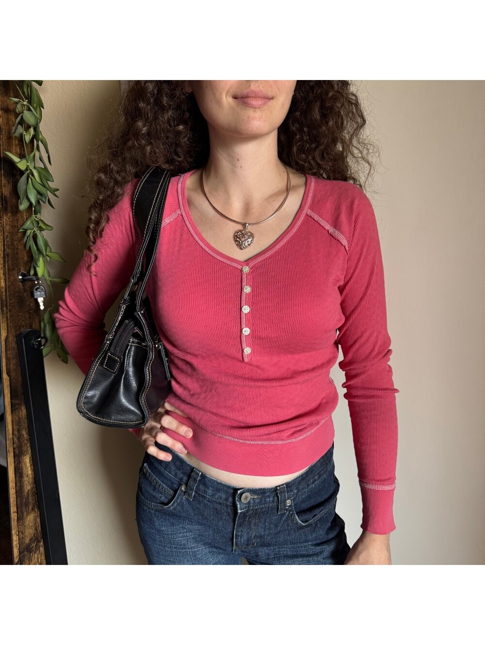 Vintage 2000s Old Navy Pink Henley L/S Fitted Thermal Top